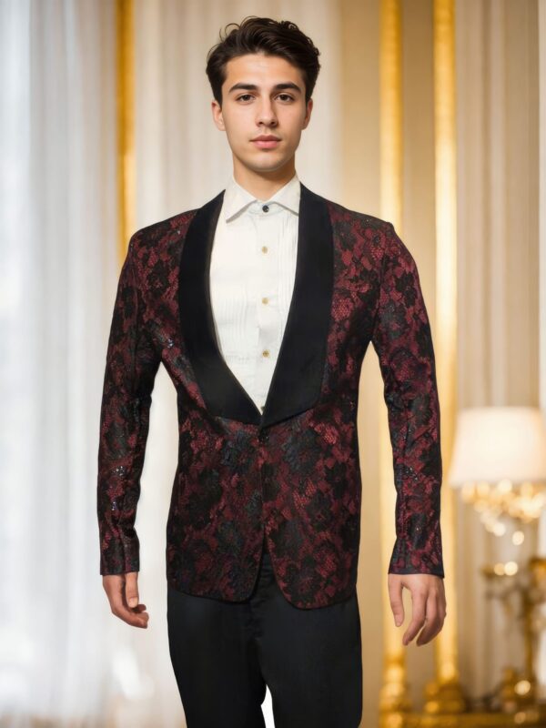 Maroon Blazer with Black Flower Net Overlay - Perfect for Weddings & Formal Events - Image 2