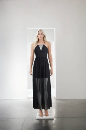 Elegant Black Strapless Gown with Deep V Neckline - Sleeveless Long-Length Gown for Formal Events