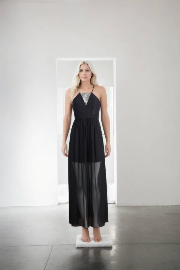 Elegant Black Strapless Gown with Deep V Neckline - Sleeveless Long-Length Gown for Formal Events