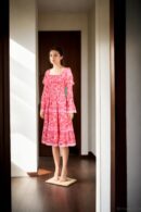 Pink Chiffon Floral Printed A-Line Maxi Dress with Square Neck & Puff Sleeves - Elegant Summer Wear