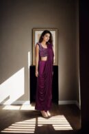 Sophisticated Dark Purple Silk Gaurav Gupta Blouse with Back Zip & Round Neck Design Readymade Drape Saree - Perfect for Elegant Occasions