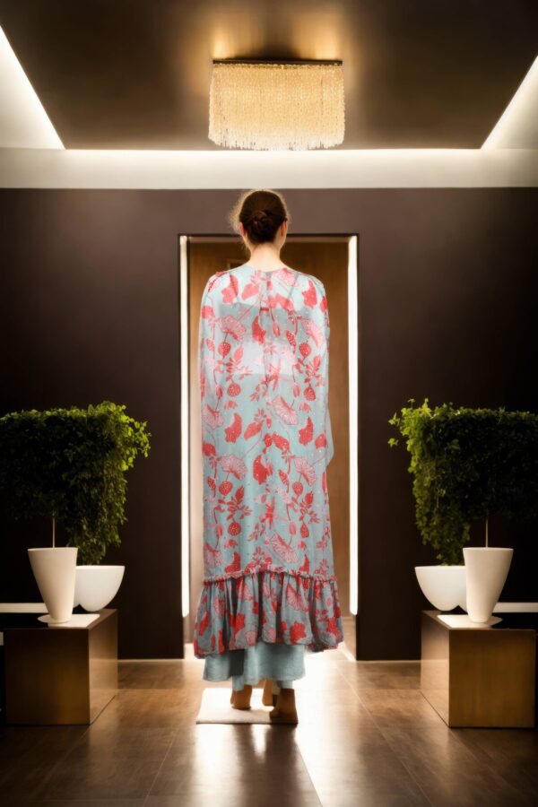 Elegant Celadon Green Georgette Indo-Western Set with Floral Print Crop Top, Sequin Lace Jacket & Dhoti Pants - Image 3