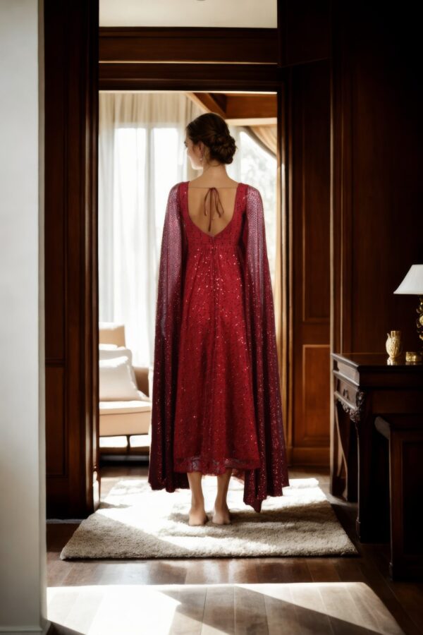 Maroon Net Gown with Sequin Square Design & Unique Full Sleeves - Elegant Evening Wear - Image 3