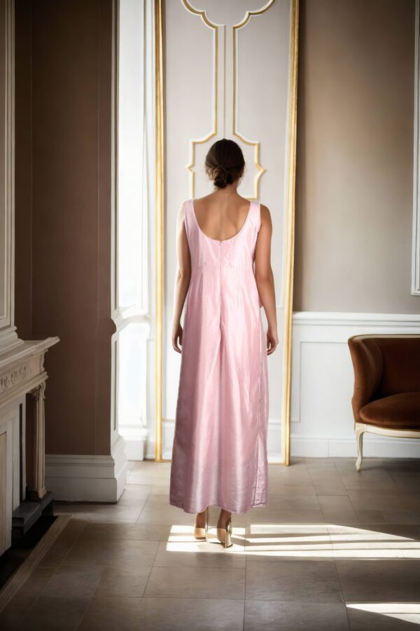 Stylish Baby Pink Silk Western Dress with Front Drape Design, Sleeveless Silhouette, Round Neckline & Princess-Cut Detailing - Image 3