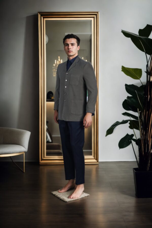 Double-Breasted Military Green Melange Blazer with Lapel Collar - Perfect for Weddings & Formal Events - Image 4