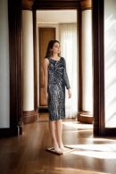 Cream Net Western Gown with Embroidery & Sequin Design, One-Sleeve & Full Sleeve, Cowl Back Neckline - Elegant Evening Wear