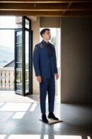 Luxurious Navy Blue Quilted Suit with Satin Shawl Collar, Patchwork & Bead Details, Full Sleeves & Formal Pants ? Perfect for Elegant & Upscale Occasions