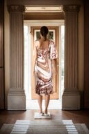 Chic Coffee Brown & Beige Printed Woven Sheath Dress with Round Neck, One Shoulder Sleeves, Attached Lining & Ruffled Hem - Perfect for Cocktail Parties & Special Occasions