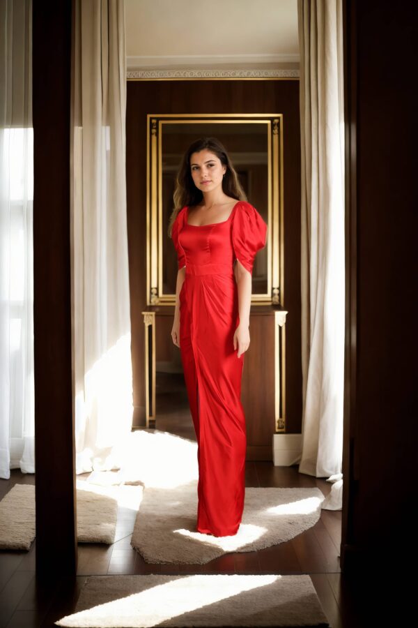 Red Wrap Gown with Scoop Neck, Back Opening, and Adjustable Sleeves - Elegant Evening Wear - Image 2