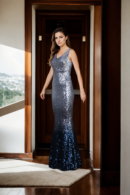 White and Navy Blue Sequin Mesh Gown - Elegant Evening Wear for Special Occasions