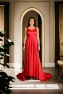 Long High-Low Satin Gown with Tilted V-Neck Padded Top and Back Zip Opening - Sophisticated Evening Wear