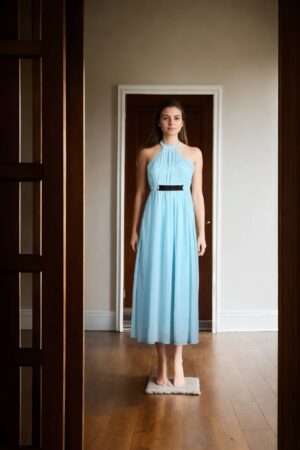 Powder Blue Georgette Midi Dress with Halter Neck, Pleated Design, Neck Tie-Up, and Fabric Belt - Elegant Evening Wear