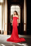 Luxurious Red Silk Plain Western Trail Gown with Off-Shoulder Design & Long Flowing Skirt - Perfect for Elegant Evenings & Special Occasions