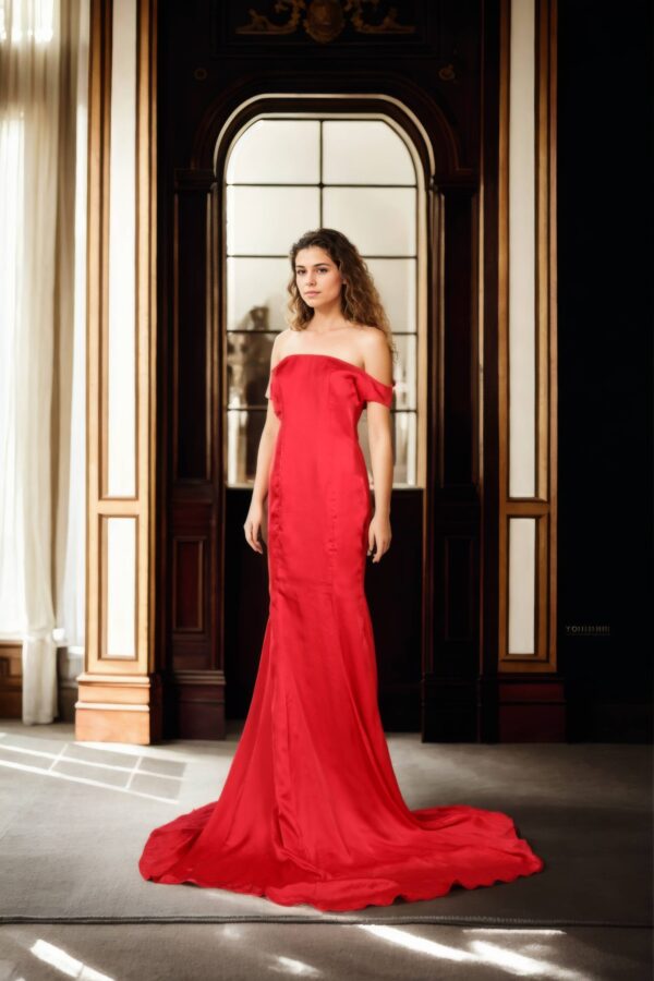 Luxurious Red Silk Plain Western Trail Gown with Off-Shoulder Design & Long Flowing Skirt - Perfect for Elegant Evenings & Special Occasions - Image 2