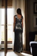 Gold-Toned Shimmer A-Line Dress with Horizontal Line Design & V-Neckline - Sleeveless and Full-Length with Straight Hem