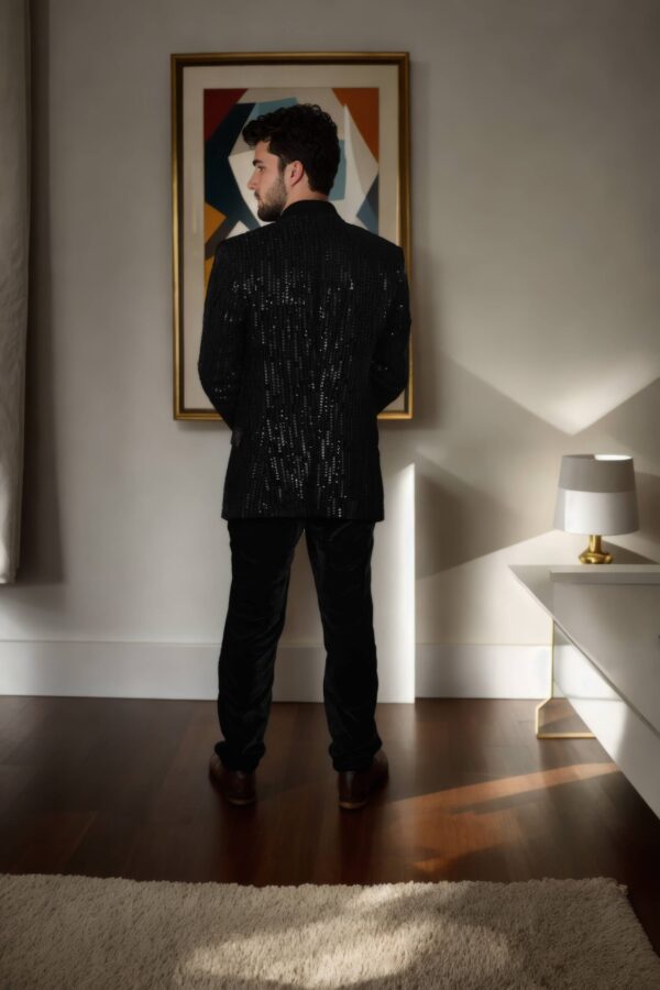 Luxurious Black Velvet Suit with Self Thread and Sequins Work - Perfect for Weddings & Formal Events - Image 4