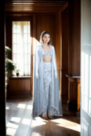 Graceful Sky Blue Net Gown with Beaded Cape & Sequin Detail - Perfect for Weddings & Evening Galas