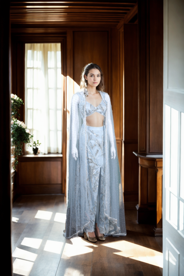 Graceful Sky Blue Net Gown with Beaded Cape & Sequin Detail - Perfect for Weddings & Evening Galas - Image 3