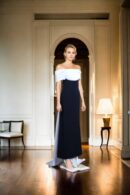 Crepecare Black and White Off-Shoulder Western Dress with Fitted Black Silhouette - Chic Evening Wear
