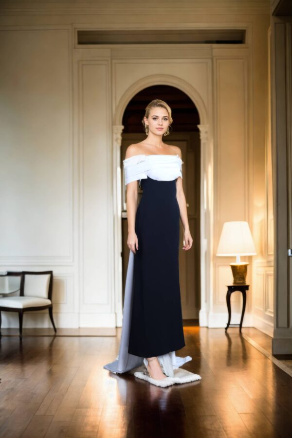 Crepecare Black and White Off-Shoulder Western Dress with Fitted Black Silhouette - Chic Evening Wear - Image 4