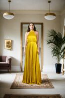 Yellow Satin Halter Neck Maxi Gown with Tie-Up Waist Detail Elegant Evening Wear