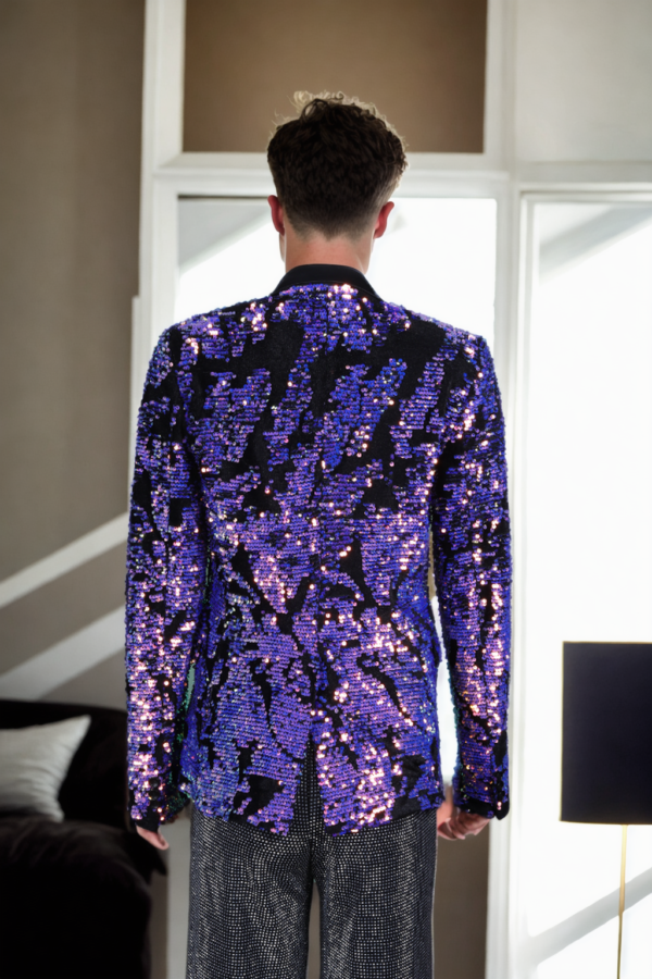 Luxurious Blue-Pink Shimmer Velvet Blazer with Sequin Work Design, Notched Lapel & Full Sleeves - Perfect for Elegant & Glamorous Events - Image 2