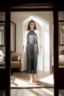 Chic Grey A-Line Dress with Halter Neckline and Striped Sleeveless Design - Knee-Length Casual & Evening Dress
