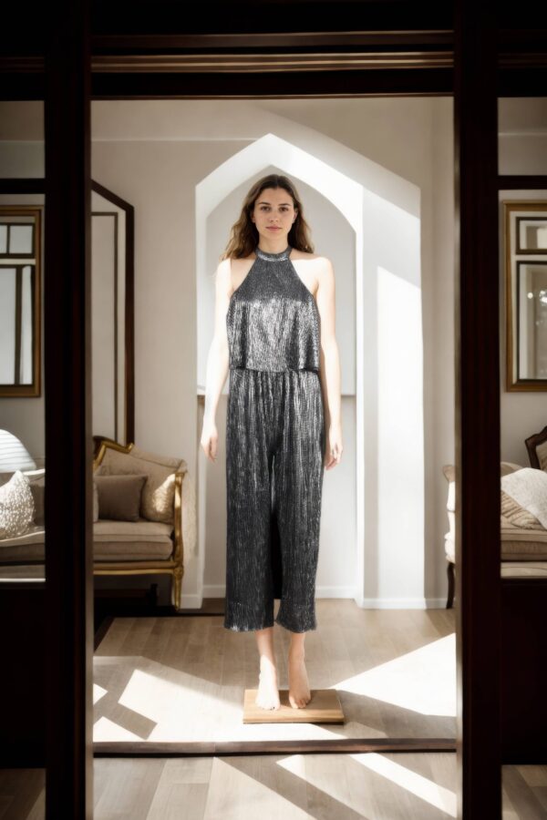 Chic Grey A-Line Dress with Halter Neckline and Striped Sleeveless Design - Knee-Length Casual & Evening Dress