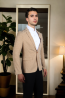 Mens Beige Self-Design Formal Blazer with Textured Fabric & Notched Lapel - Elegant Business & Occasion Wear
