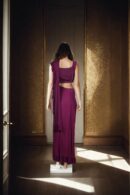 Sophisticated Dark Purple Silk Gaurav Gupta Blouse with Back Zip & Round Neck Design Readymade Drape Saree - Perfect for Elegant Occasions