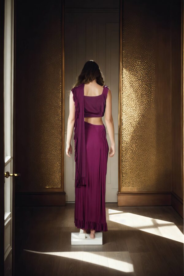 Sophisticated Dark Purple Silk Gaurav Gupta Blouse with Back Zip & Round Neck Design Readymade Drape Saree - Perfect for Elegant Occasions - Image 2