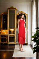 Red Stretchable Western Gown with Round Neckline, Sleeveless Design, and Ruffle Detailing  Long Length Formal Dress