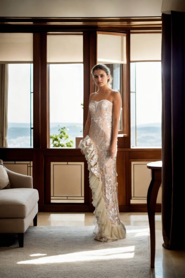 Creamish Strapless Bodycon Dress with Back Opening and Side High-Low Net Frills - Elegant Party Wear - Image 2