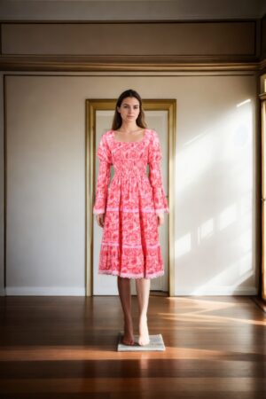Pink Chiffon Floral Printed A-Line Maxi Dress with Square Neck & Puff Sleeves - Elegant Summer Wear