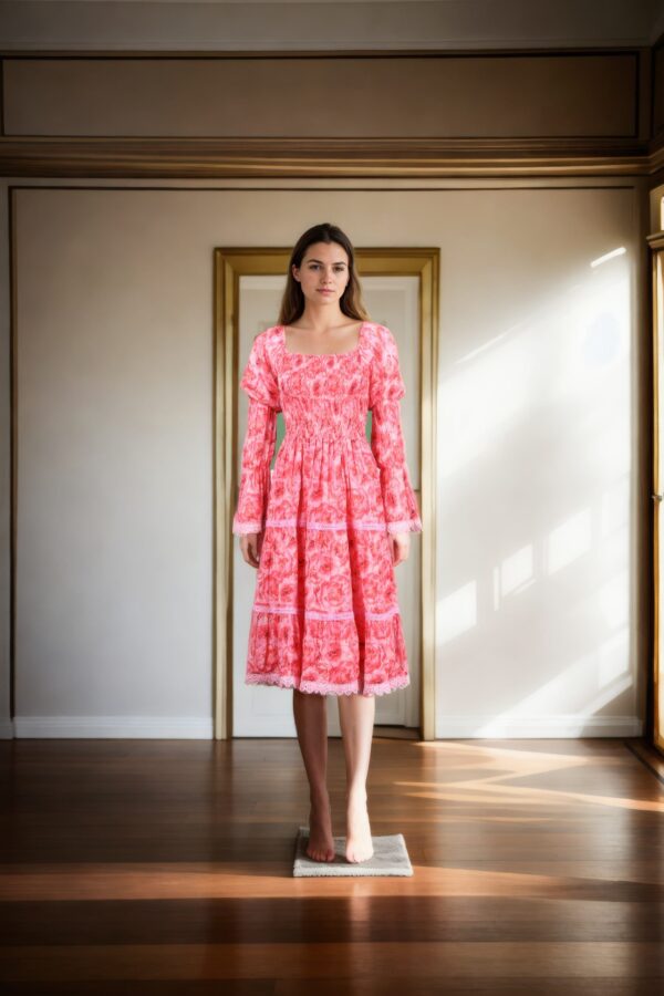 Pink Chiffon Floral Printed A-Line Maxi Dress with Square Neck & Puff Sleeves - Elegant Summer Wear