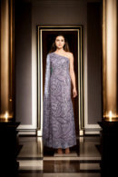 Baby Pink Sequin Net One-Shoulder Maxi Dress with Beaded Details & Designer Sleeves
