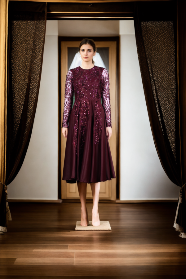 Wine Gown with Net and Sequin Embellishments - Glamorous Evening Wear for Special Occasions