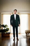 Solid Velvet Green Slim-Fit Blazer - One-Button Closure with Gold Button Detail, Chest & Side Flap Pockets, Full Sleeves & Padded Shoulders