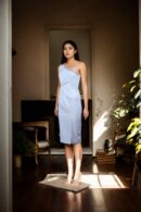 White One-Shoulder Sleeveless Dress with Waist Twist, Gold Chain Neckline Detail & Back Zip Opening - Elegant & Chic Dress for Parties, Dinners & Formal Occasions
