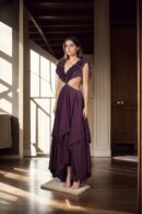 Wine Silk Pleated Dress with Ruffle Design & Sweetheart Neckline - Perfect for Elegant Evenings