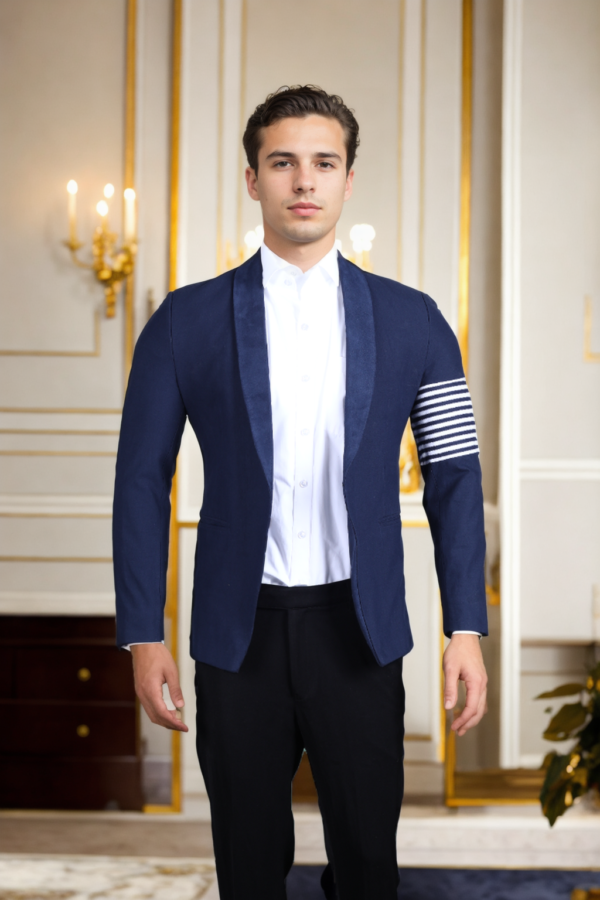 Men's Navy Blue Slim-Fit Suiting Blazer with Shawl Collar & White Vertical Line Details - Modern Elegance
