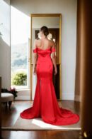 Luxurious Red Silk Plain Western Trail Gown with Off-Shoulder Design & Long Flowing Skirt - Perfect for Elegant Evenings & Special Occasions