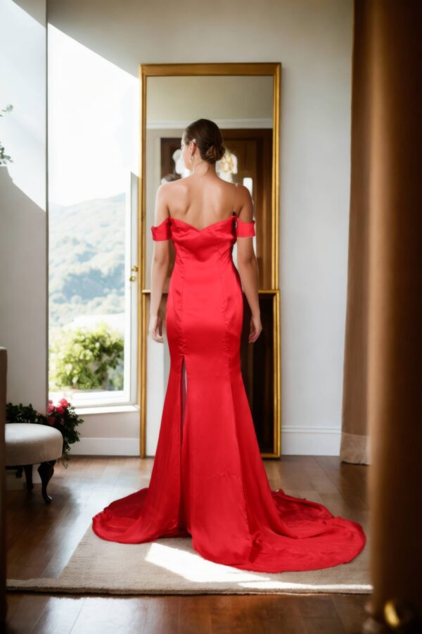 Luxurious Red Silk Plain Western Trail Gown with Off-Shoulder Design & Long Flowing Skirt - Perfect for Elegant Evenings & Special Occasions - Image 3