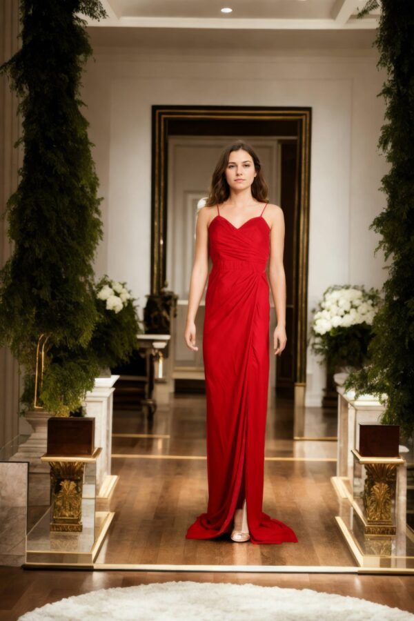 Red Velvet Strap Gown with Overlapped Sweetheart Neckline and Front Side Slit - Elegant Evening Wear