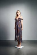 High-Low Multicoloured Off-Shoulder Gown with Deep Neck, Ruffles & Back Opening - Elegant Evening Wear