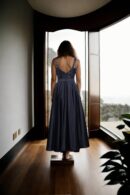 Black Satin Sleeveless Gown with Sequin Detailing, V-Neckline, and Satin Belt - Elegant Evening Wear