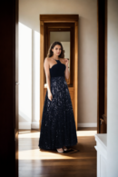 Black Long Western Gown with Velvet Spaghetti Strap Neckline, Gathered Net Skirt & Full Sequin & Bead Abstract Design - Elegant Evening Wear for Special Occasions