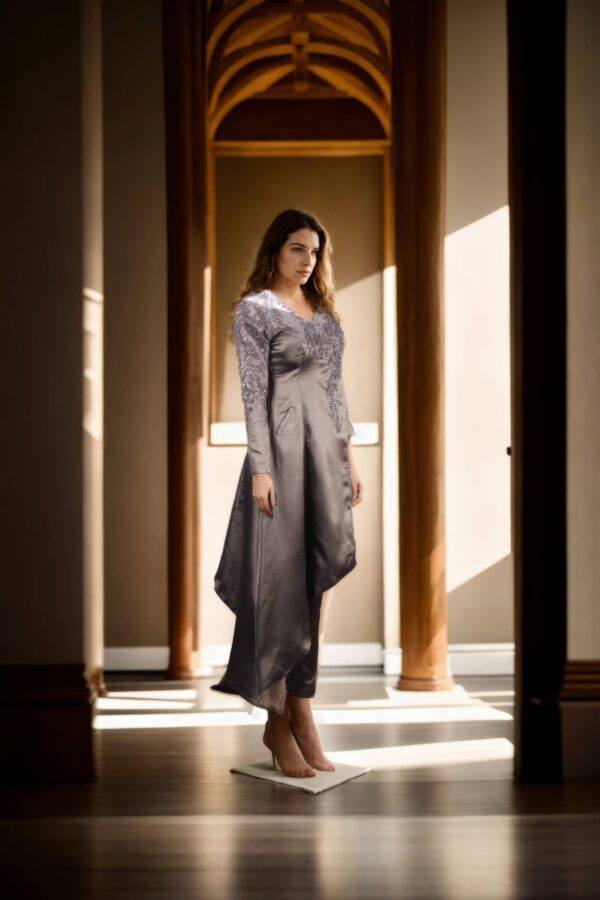 Chic Kendall Charcoal Satin High-Low Overlap Set with Sequined One-Shoulder Top & Plain Pants - Perfect for Formal & Evening Events - Image 2