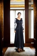 Black Silk Dress with Front Pleated Details, Self-Thread Work, Sequin Embellishments, V-Neckline, and Net Full Sleeves - Elegant Evening Wear