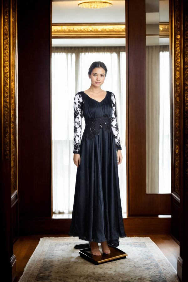 Black Silk Dress with Front Pleated Details, Self-Thread Work, Sequin Embellishments, V-Neckline, and Net Full Sleeves - Elegant Evening Wear - Image 4